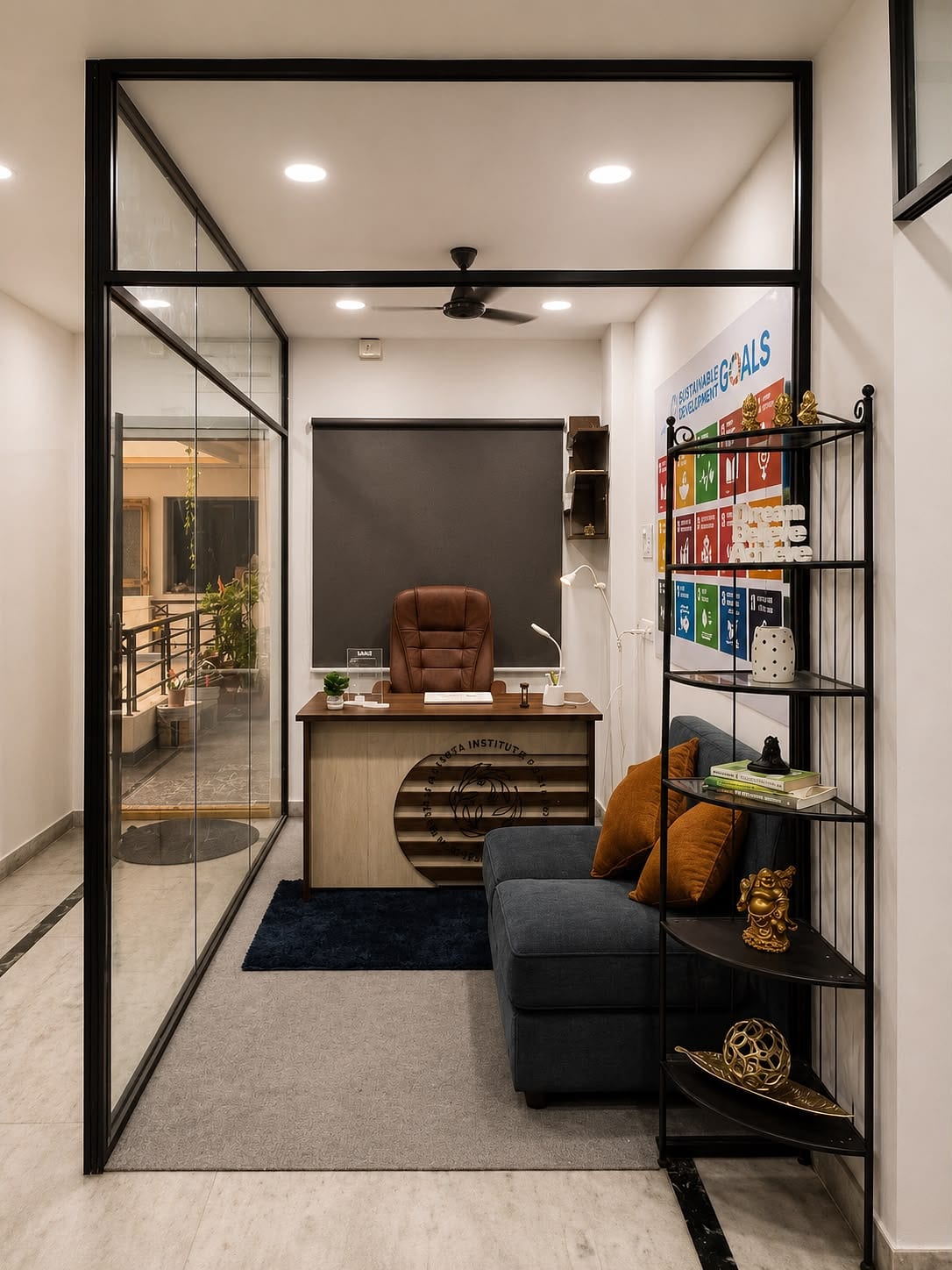 Director's office at AIWMR Hyderabad, with meeting seating and reference shelving